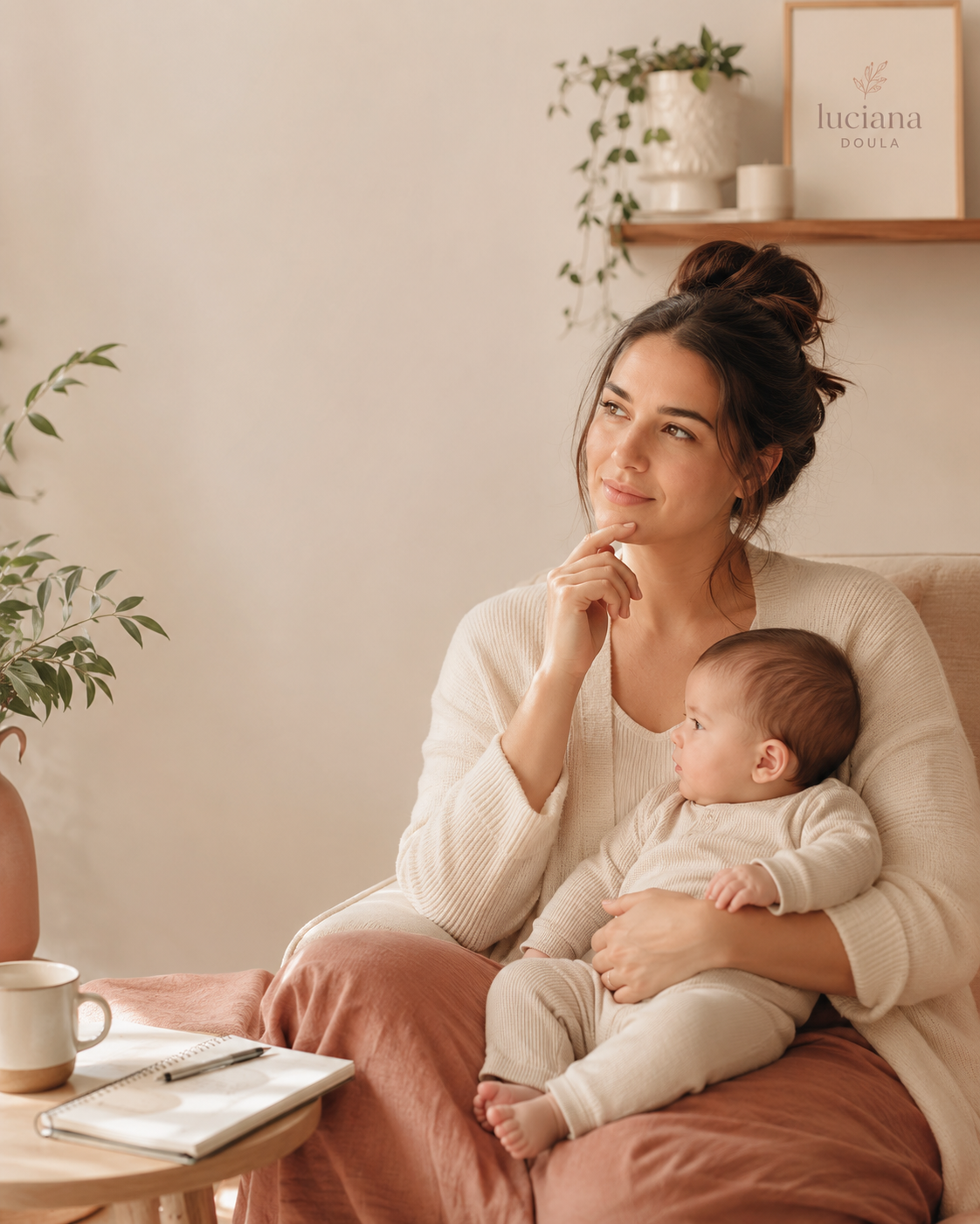 Mãe abraçando o bebê recém-nascido com carinho, em ambiente claro e tranquilo.