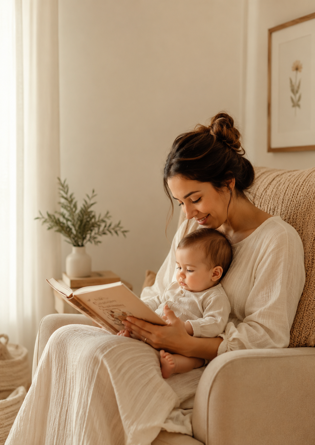 Mãe lendo um livro para o bebê no colo, em um ambiente acolhedor e iluminado por luz natural.