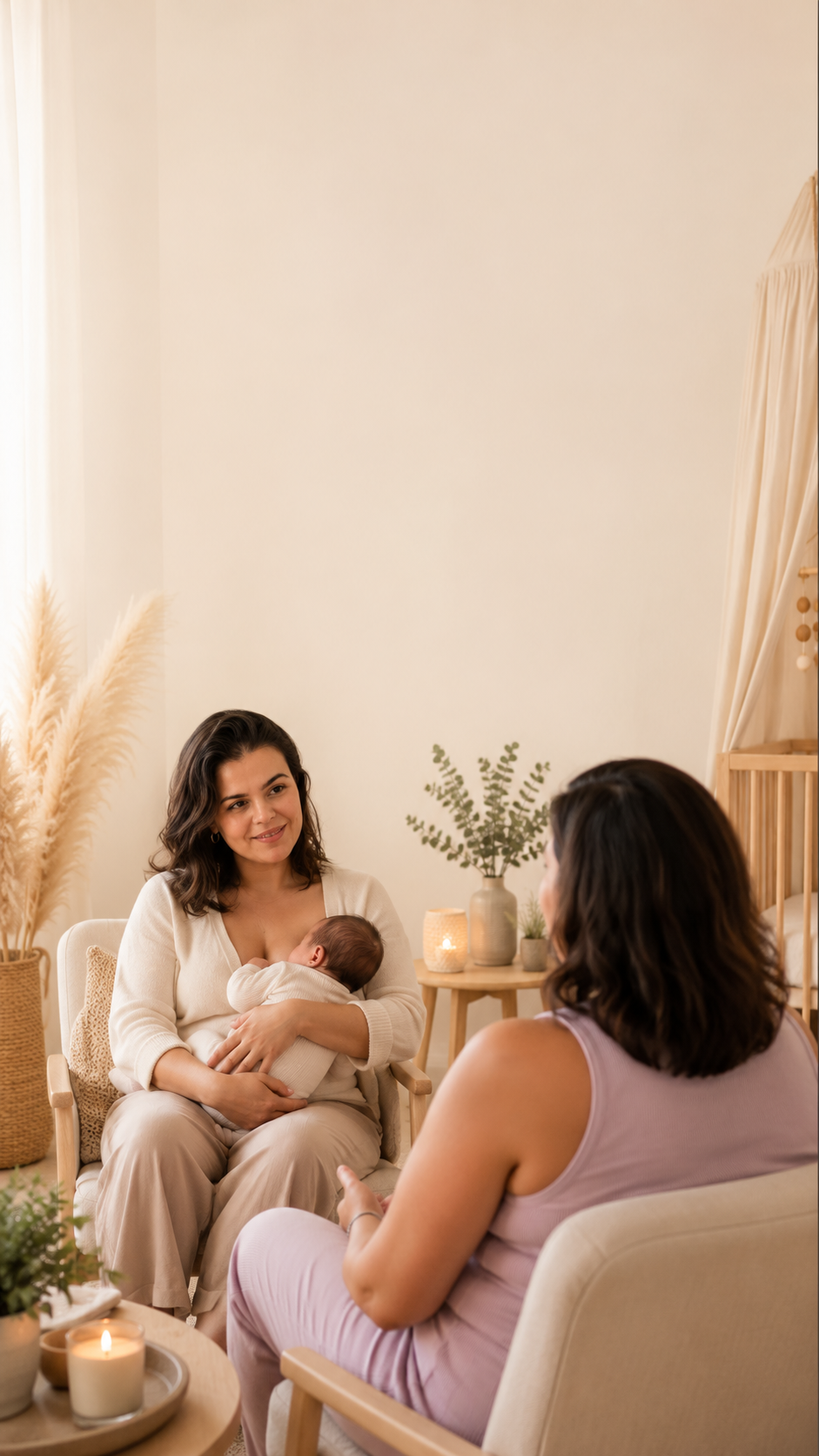 Mãe conversando com a doula em um ambiente acolhedor, segurando o bebê no colo.