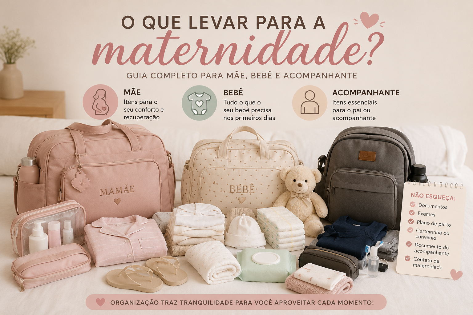 Mala da maternidade organizada com itens essenciais para mãe, bebê e acompanhante