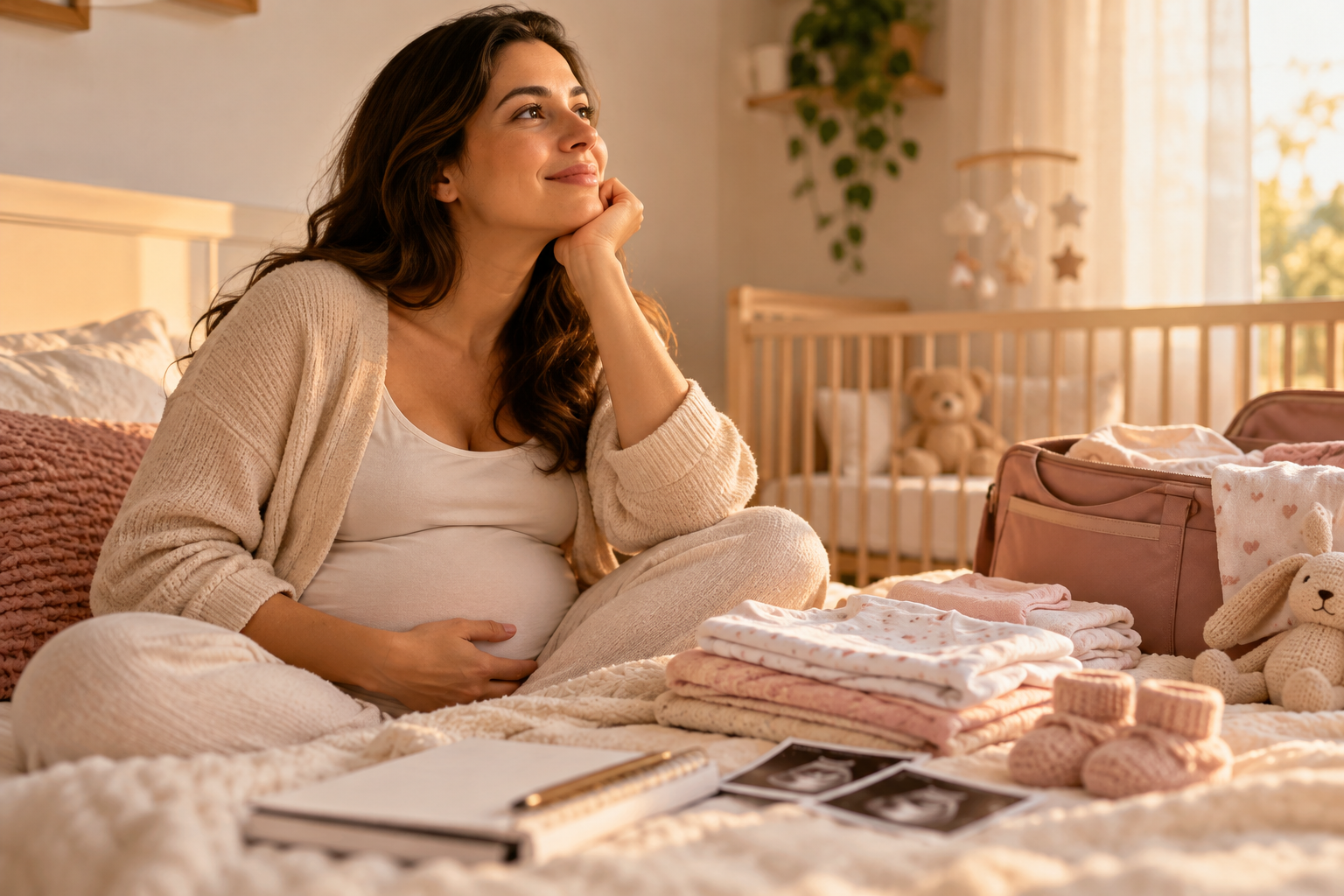 Gestante se preparando para a chegada do bebê em ambiente acolhedor, com enxoval e mala maternidade. Preparação para o parto com doula em São José do Rio Preto.