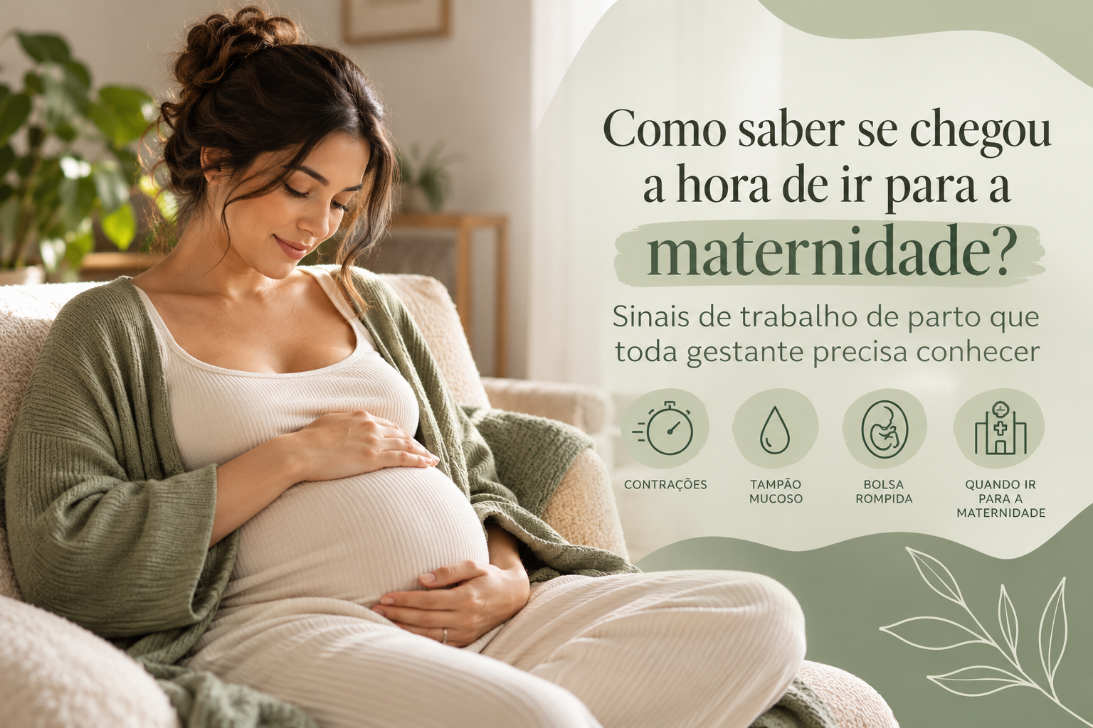 Gestante sentada em casa com as mãos na barriga; sinais de trabalho de parto e quando ir para a maternidade.